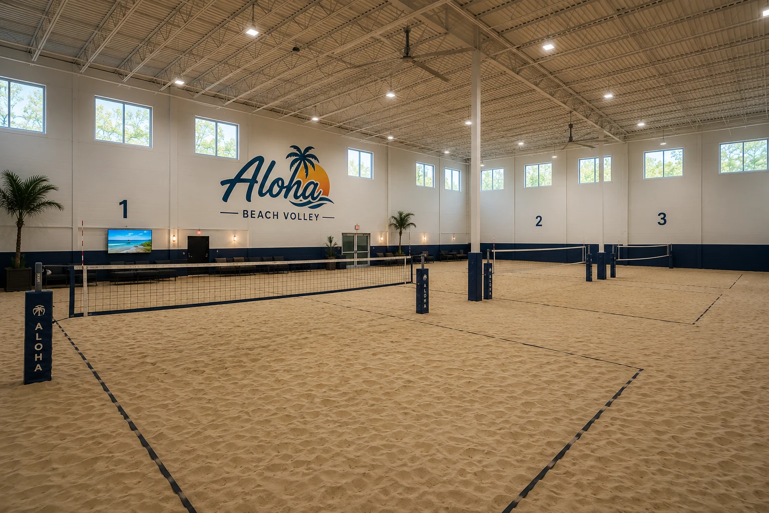 Rendu conceptuel de trois terrains intérieurs de volleyball de plage avec l’identité Aloha Beach Volley