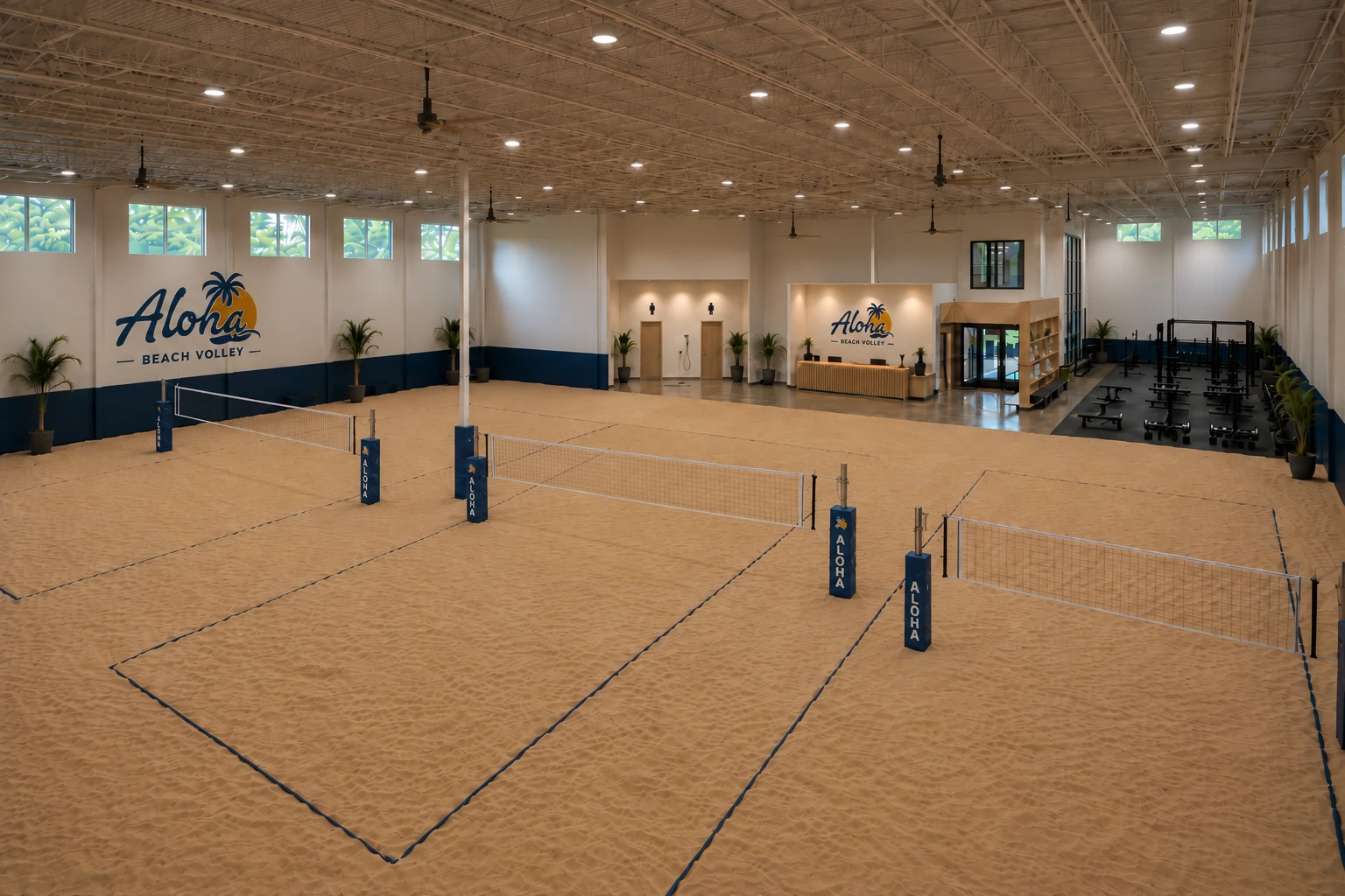 Concept du centre Aloha Beach Volley avec terrains de sable, réception et espace d’entraînement