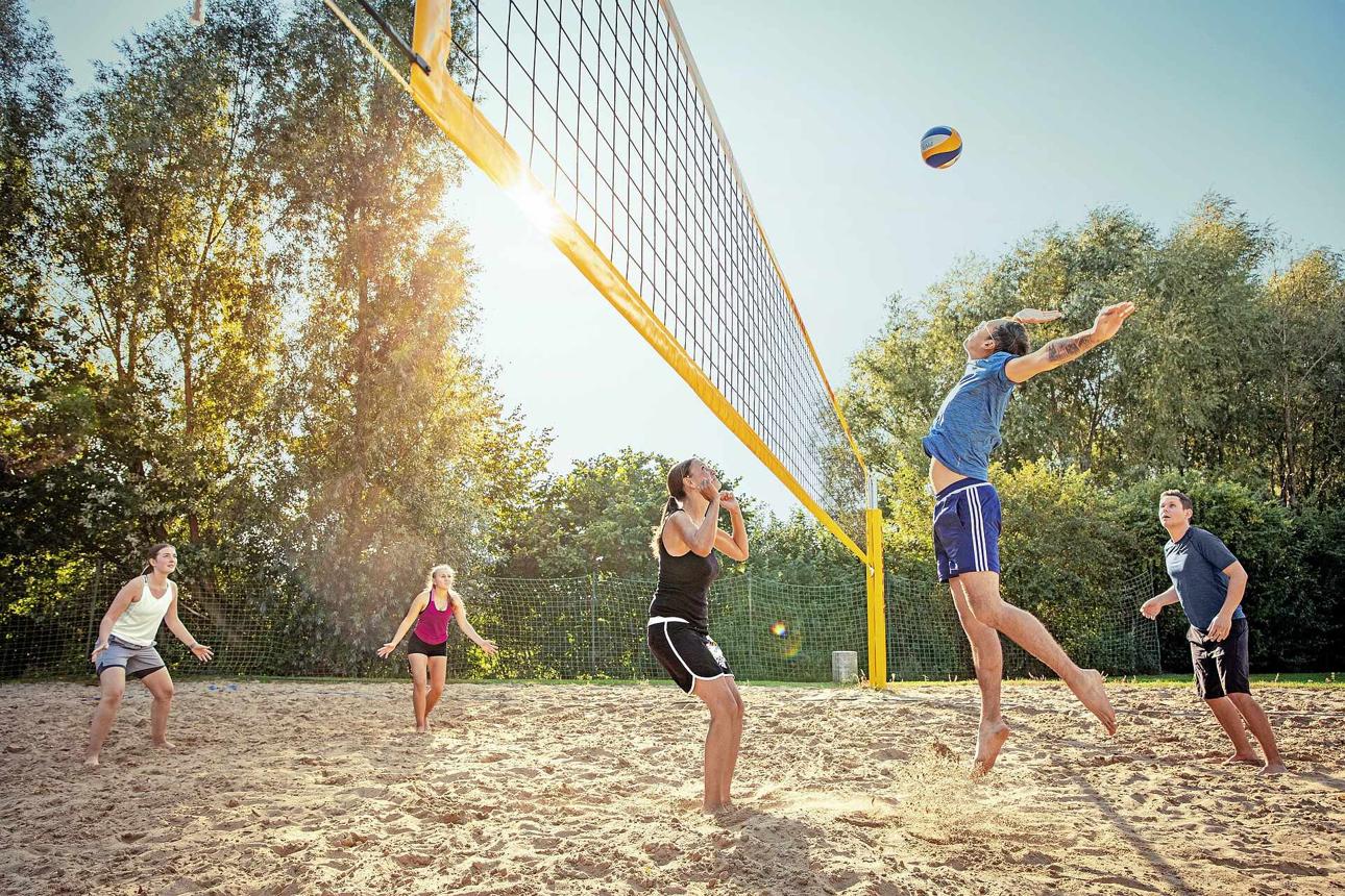 Des joueurs se retrouvent sur un terrain de volleyball de plage en été